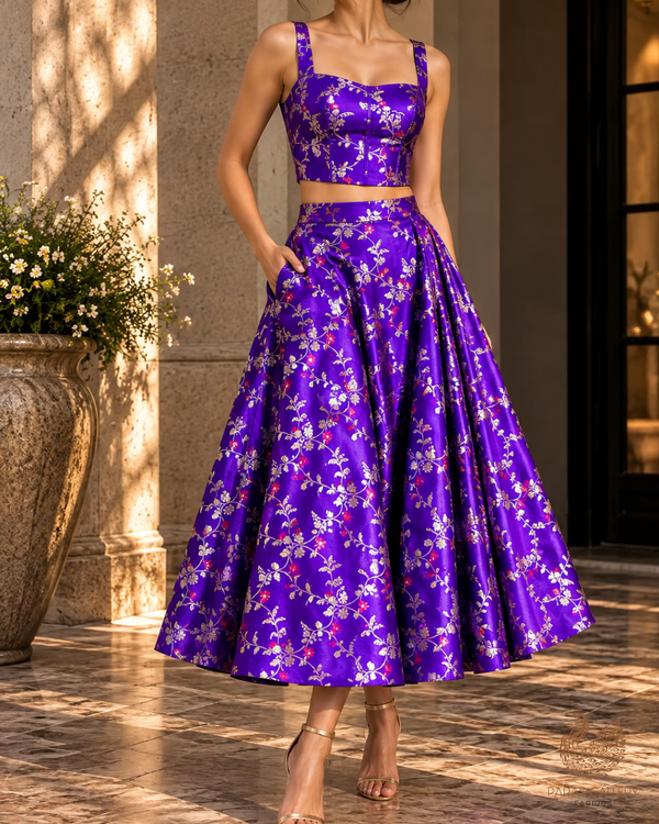 Violet Banarasi Brocade Fabric With All Over Thread And Golden Zari Handloom 23812