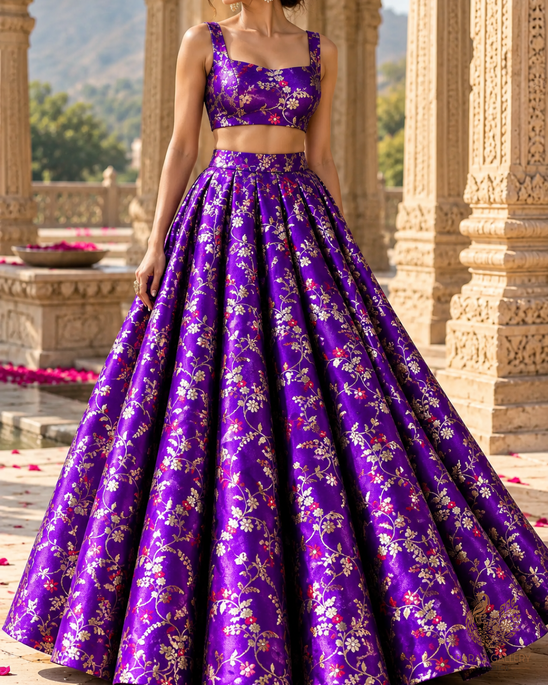 Violet Banarasi Brocade Fabric With All Over Thread And Golden Zari Handloom 23812