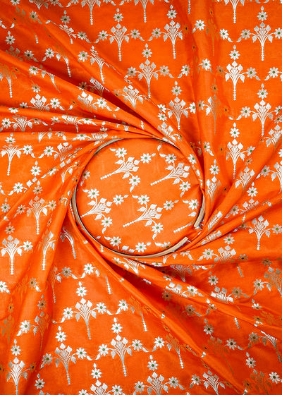 Orange Banarasi Brocade Fabric With All Over Thread And Zari Handloom 23813