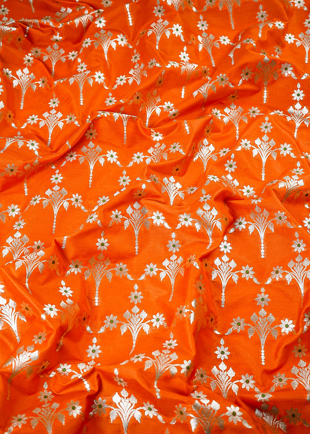 Orange Banarasi Brocade Fabric With All Over Thread And Zari Handloom 23813