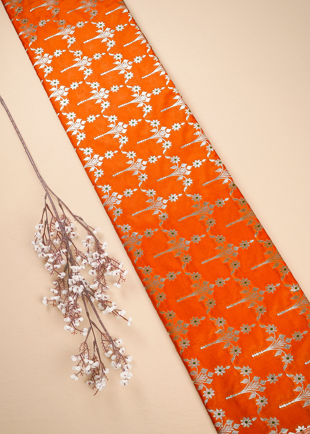 Orange Banarasi Brocade Fabric With All Over Thread And Zari Handloom 23813