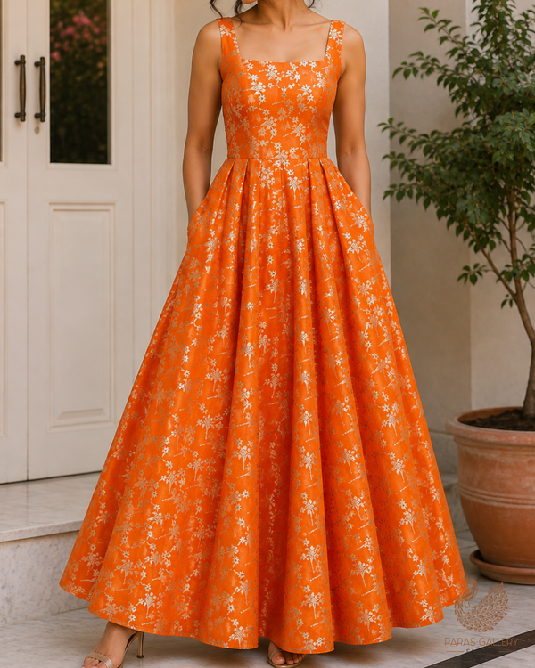 Orange Banarasi Brocade Fabric With All Over Thread And Zari Handloom 23813