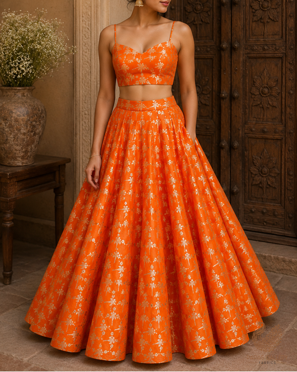 Orange Banarasi Brocade Fabric With All Over Thread And Zari Handloom 23813