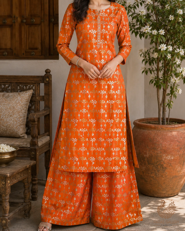 Orange Banarasi Brocade Fabric With All Over Thread And Zari Handloom 23813