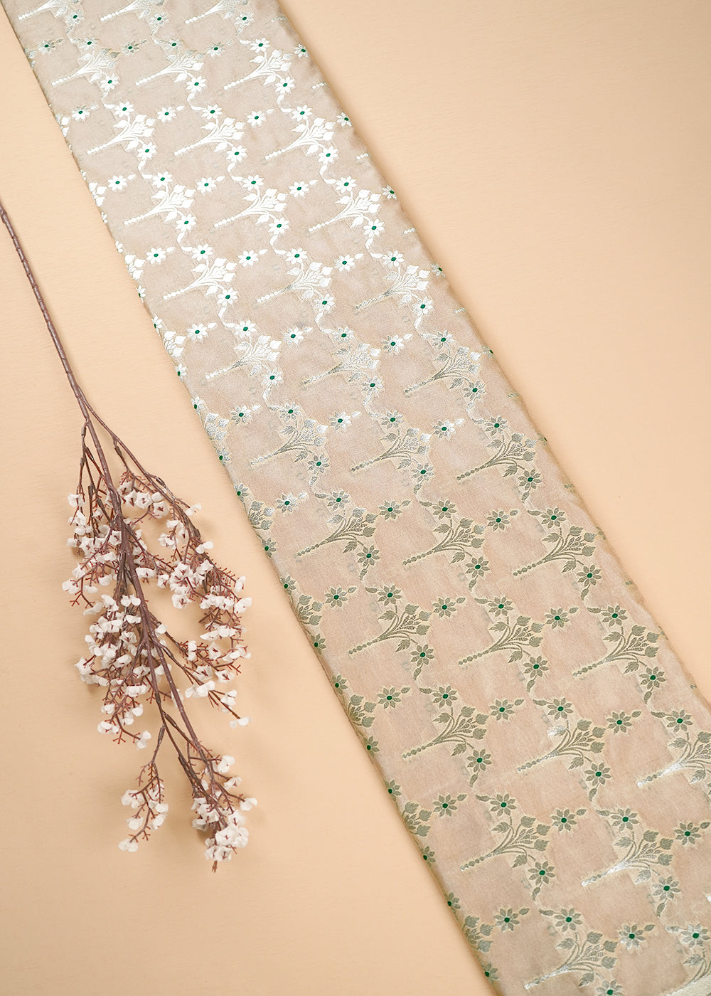 Beige Banarasi Brocade Fabric With All Over Thread And Zari Handloom 23816
