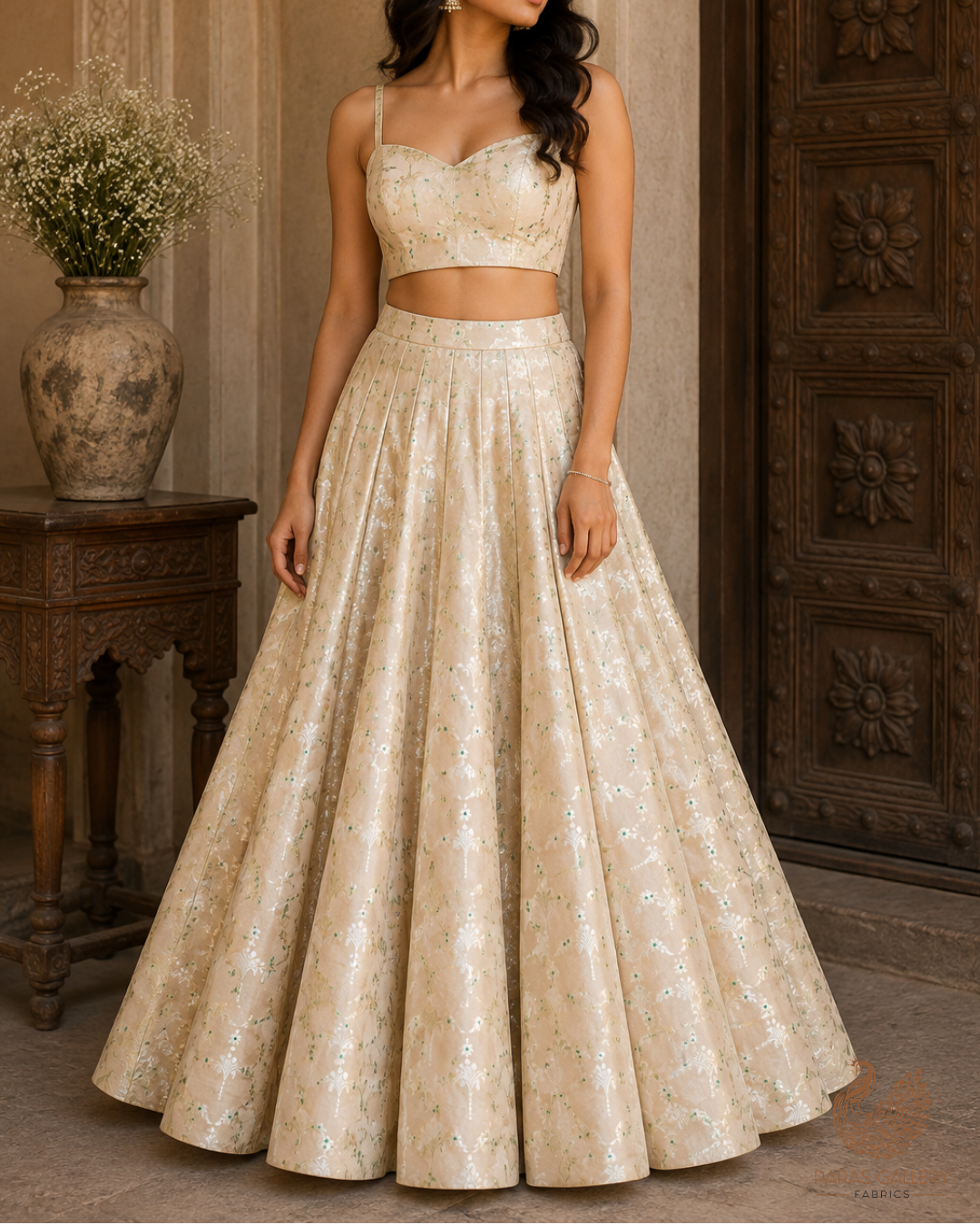 Beige Banarasi Brocade Fabric With All Over Thread And Zari Handloom 23816
