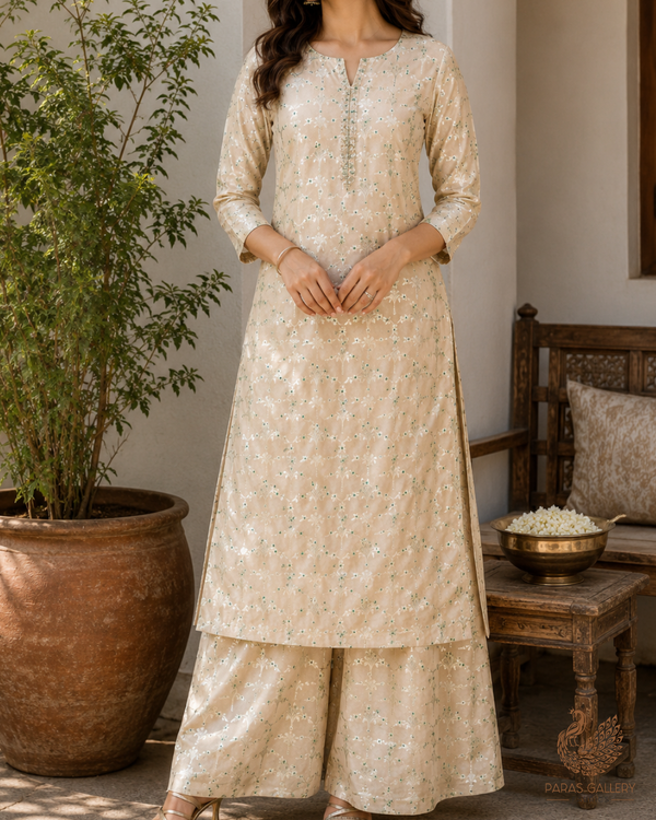 Beige Banarasi Brocade Fabric With All Over Thread And Zari Handloom 23816
