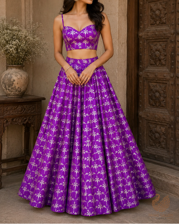Purple Banarasi Brocade Fabric With All Over Thread And Zari Handloom 23817