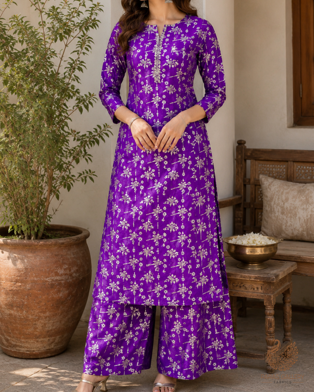 Purple Banarasi Brocade Fabric With All Over Thread And Zari Handloom 23817