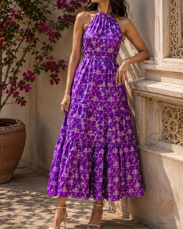 Purple Banarasi Brocade Fabric With All Over Thread And Zari Handloom 23817