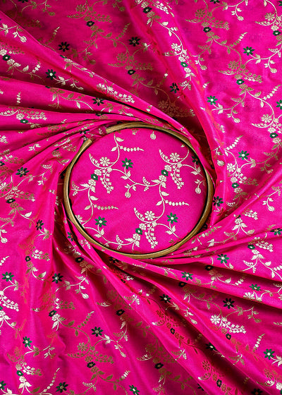 Neon Pink Banarasi Brocade Fabric With All Over Thread And Golden Zari Handloom 23819