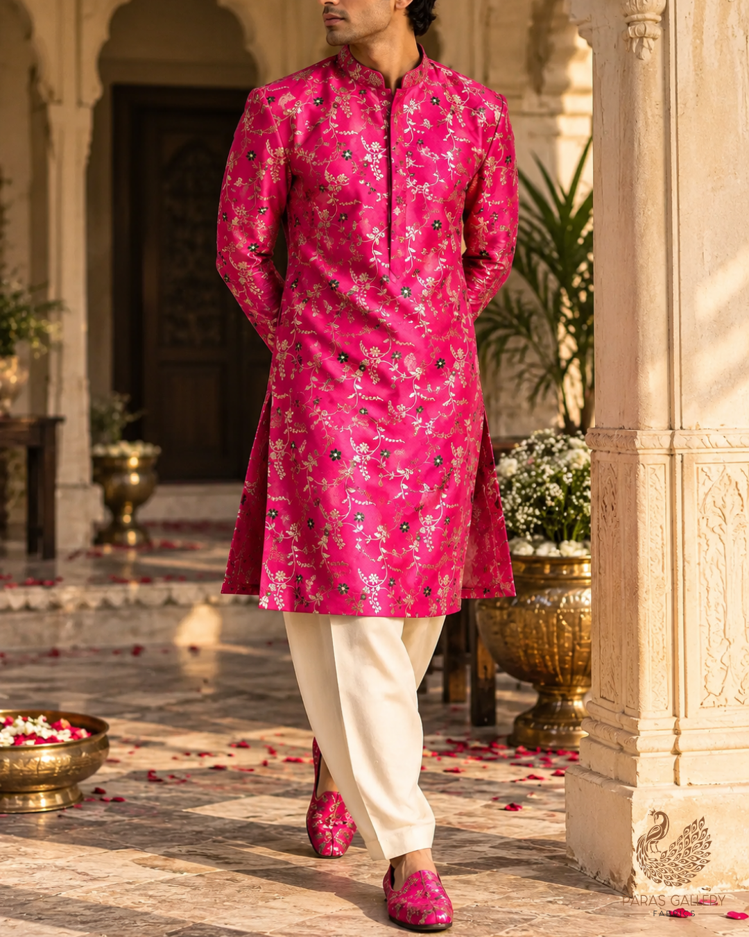 Neon Pink Banarasi Brocade Fabric With All Over Thread And Golden Zari Handloom 23819