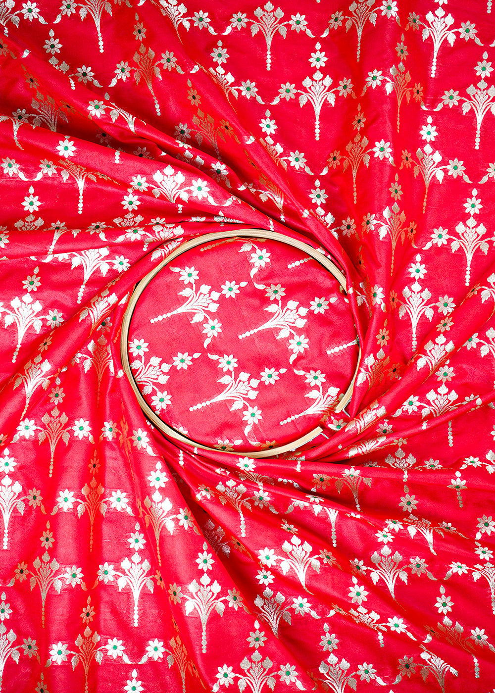 Red Banarasi Brocade Fabric With All Over Thread And Zari Handloom 23820