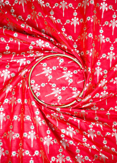 Red Banarasi Brocade Fabric With All Over Thread And Zari Handloom 23820