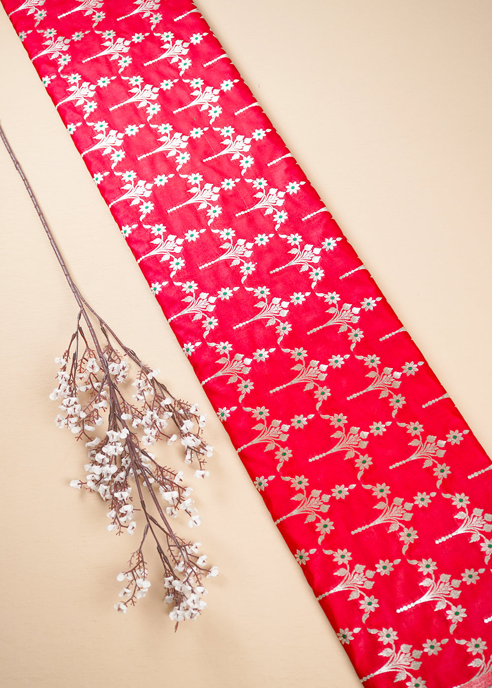 Red Banarasi Brocade Fabric With All Over Thread And Zari Handloom 23820