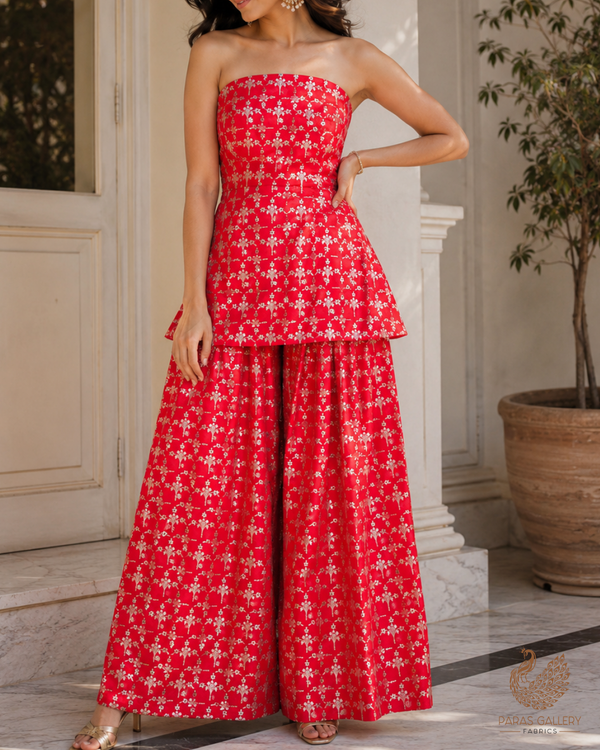 Red Banarasi Brocade Fabric With All Over Thread And Zari Handloom 23820