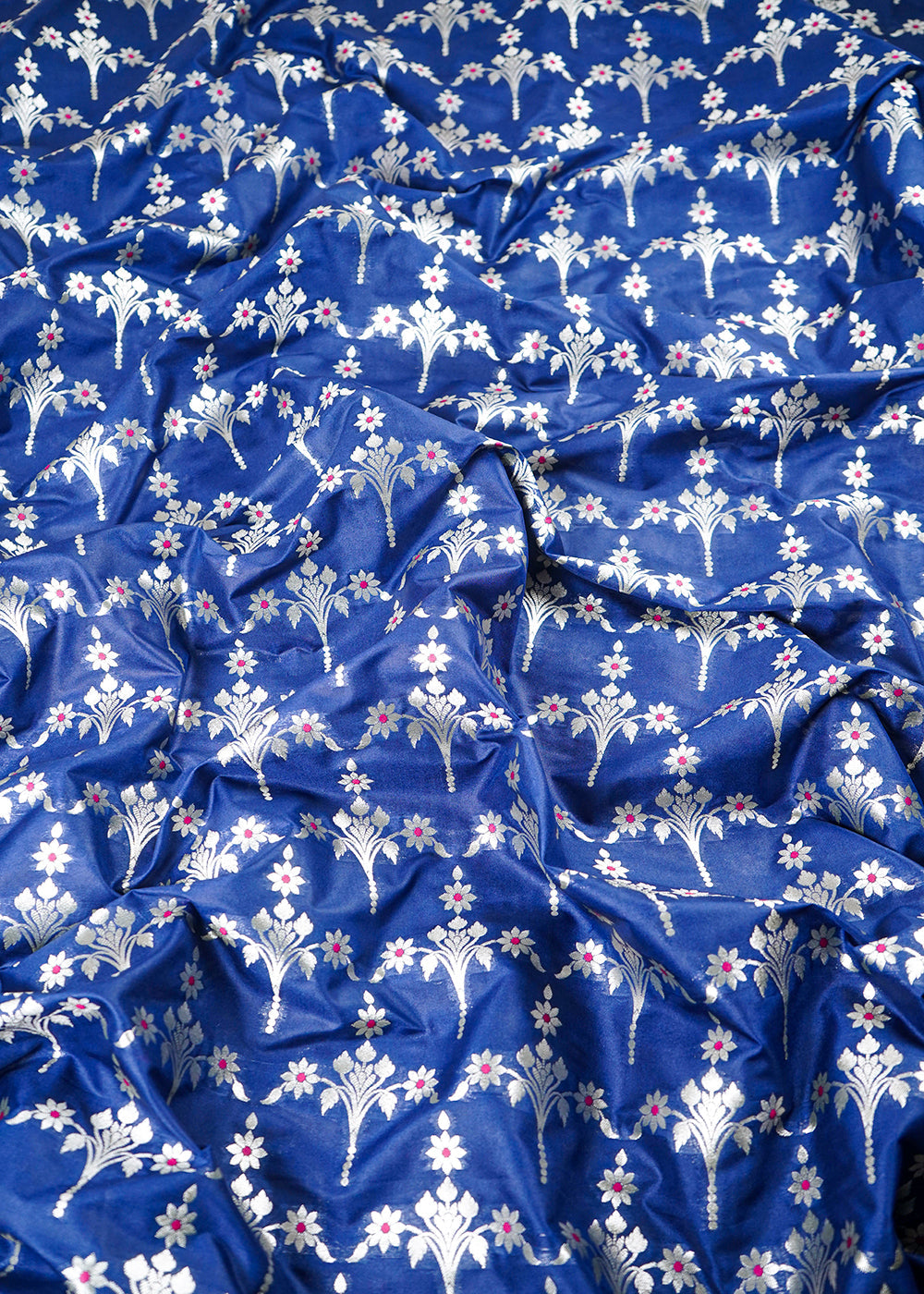 Navy Blue Banarasi Brocade Fabric With All Over Thread And Zari Handloom 23821