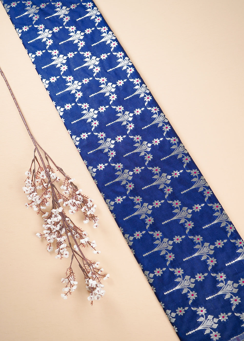 Navy Blue Banarasi Brocade Fabric With All Over Thread And Zari Handloom 23821