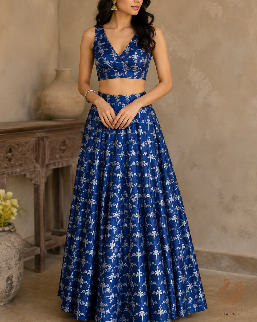 Navy Blue Banarasi Brocade Fabric With All Over Thread And Zari Handloom 23821
