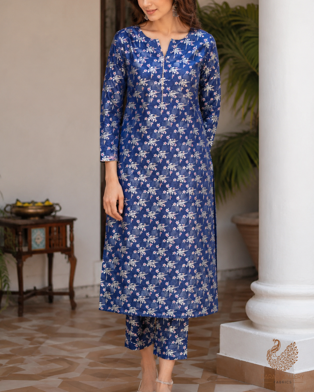 Navy Blue Banarasi Brocade Fabric With All Over Thread And Zari Handloom 23821