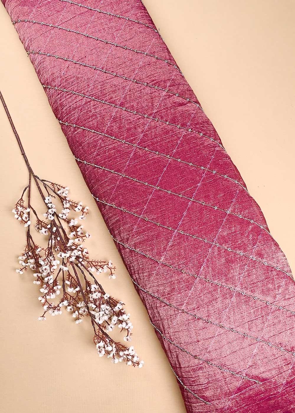 Pink Crushed Tissue Fabric With All Over Katdana Work 23922