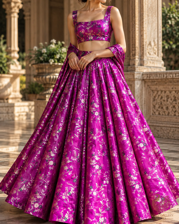 Purple Banarasi Brocade Fabric With All Over Thread And Golden Zari Handloom 23822