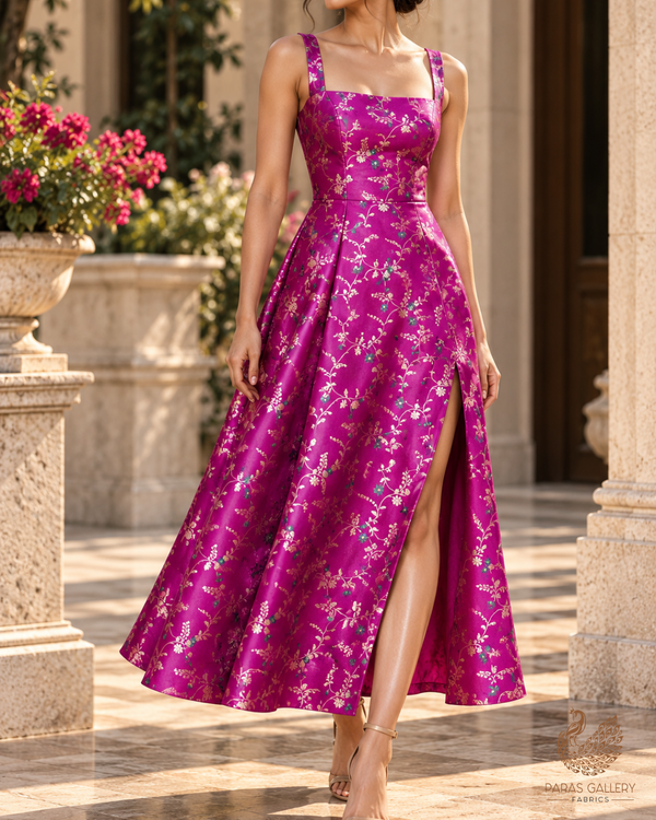Purple Banarasi Brocade Fabric With All Over Thread And Golden Zari Handloom 23822