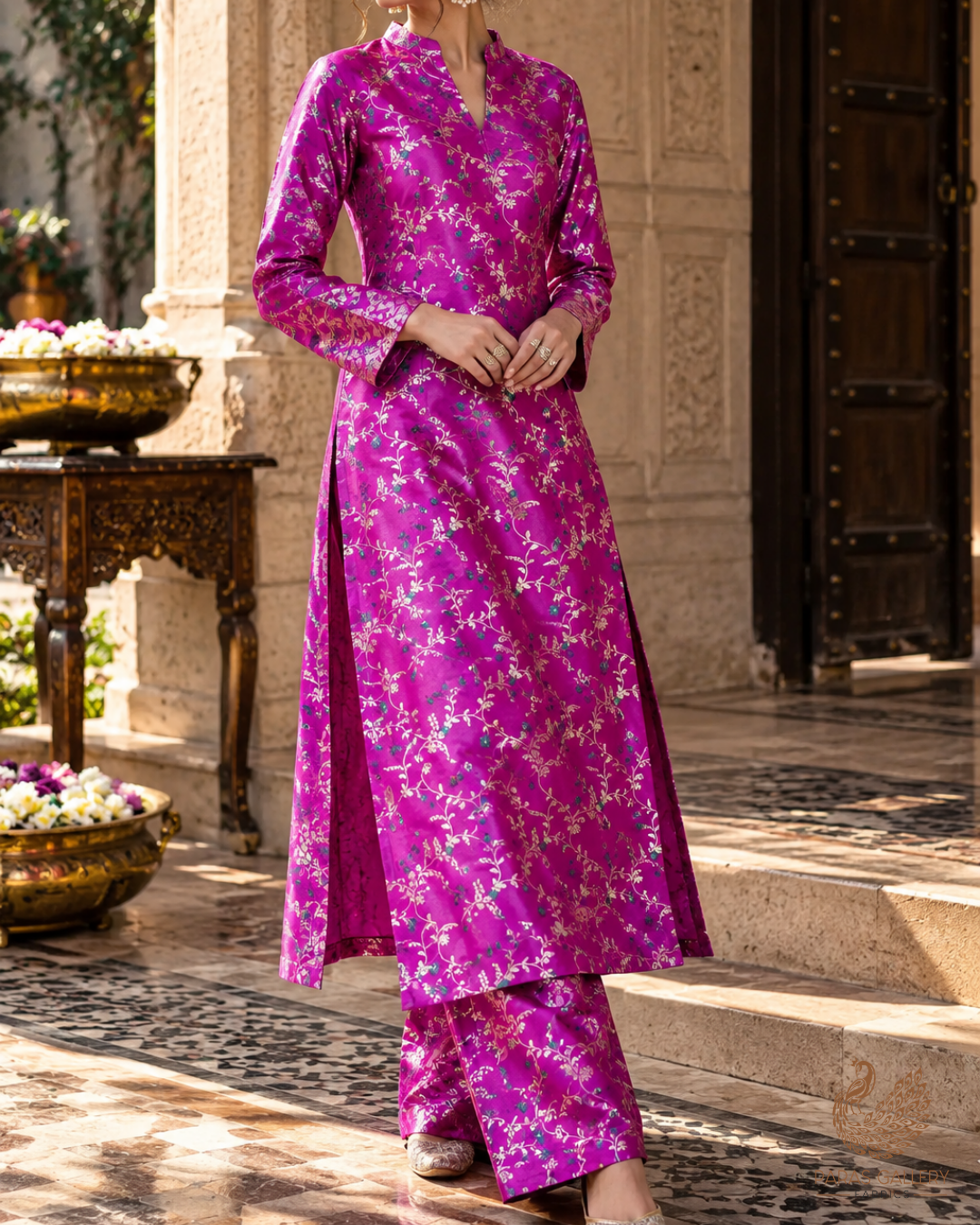 Purple Banarasi Brocade Fabric With All Over Thread And Golden Zari Handloom 23822