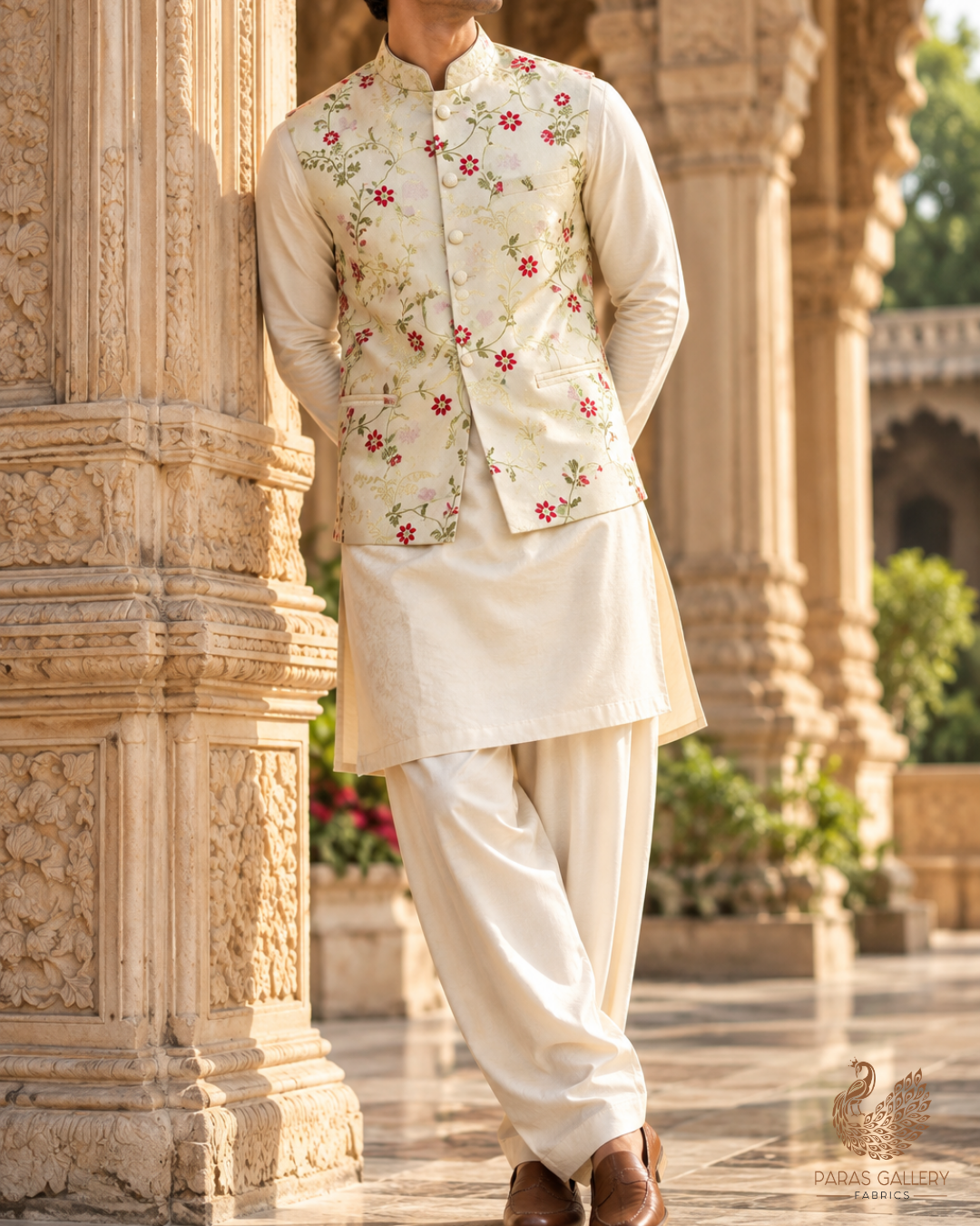 Light Green Banarasi Brocade Fabric With All Over Thread And Golden Zari Handloom 23823