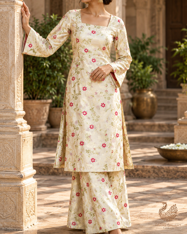 Light Green Banarasi Brocade Fabric With All Over Thread And Golden Zari Handloom 23823