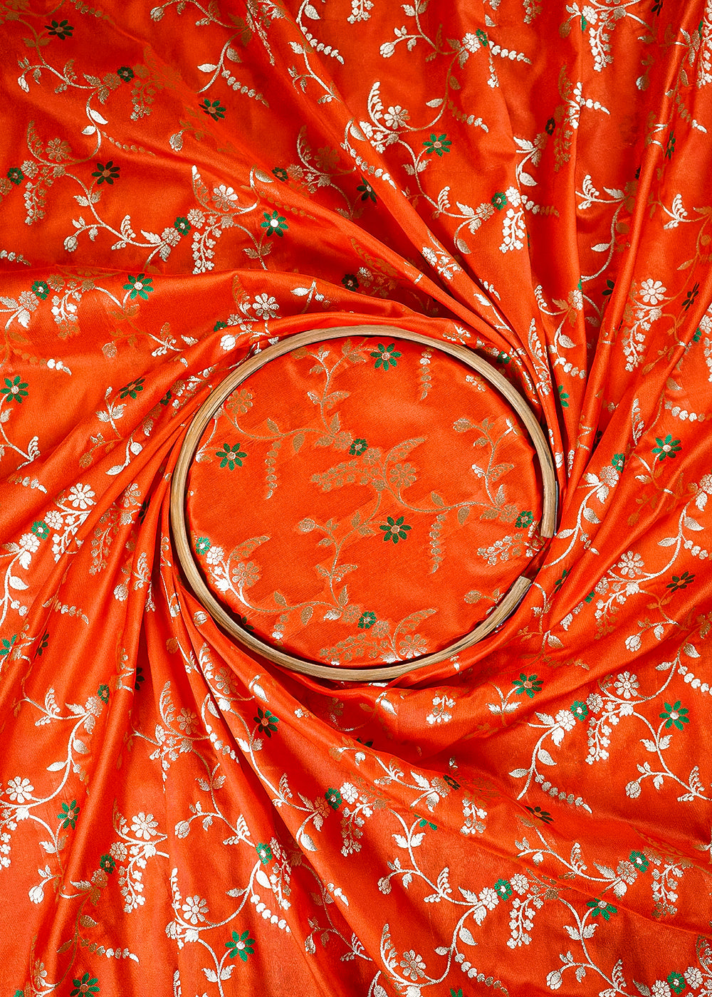 Orange Banarasi Brocade Fabric With All Over Thread And Golden Zari Handloom 23824