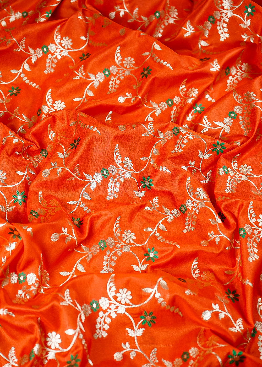 Orange Banarasi Brocade Fabric With All Over Thread And Golden Zari Handloom 23824
