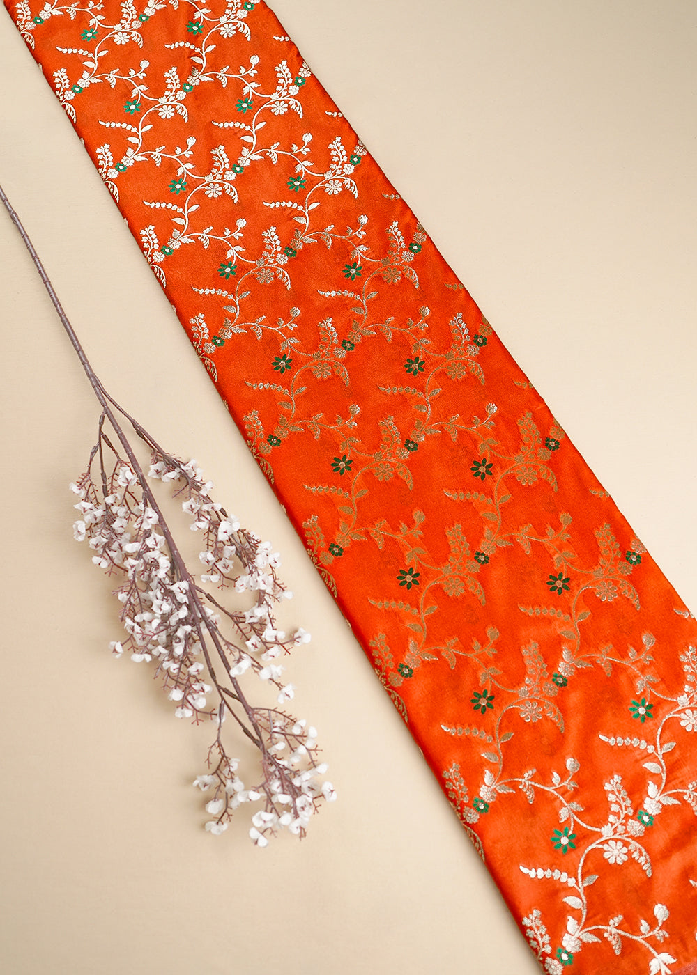 Orange Banarasi Brocade Fabric With All Over Thread And Golden Zari Handloom 23824