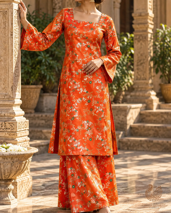 Orange Banarasi Brocade Fabric With All Over Thread And Golden Zari Handloom 23824