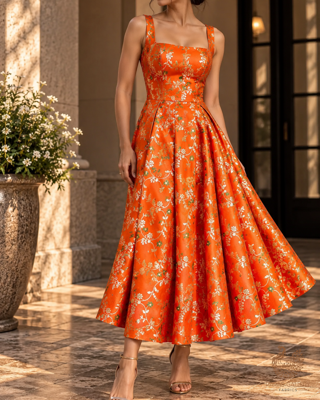 Orange Banarasi Brocade Fabric With All Over Thread And Golden Zari Handloom 23824