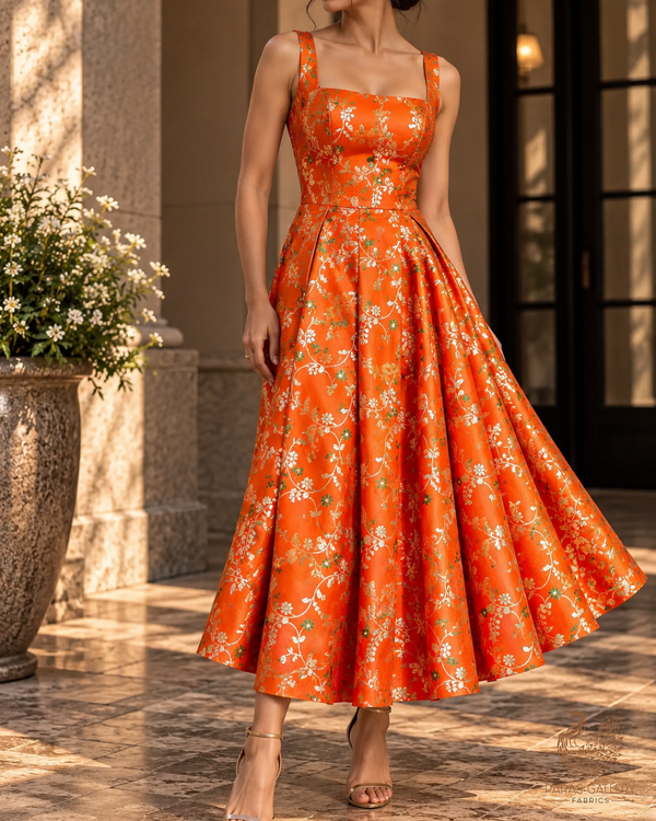 Orange Banarasi Brocade Fabric With All Over Thread And Golden Zari Handloom 23824