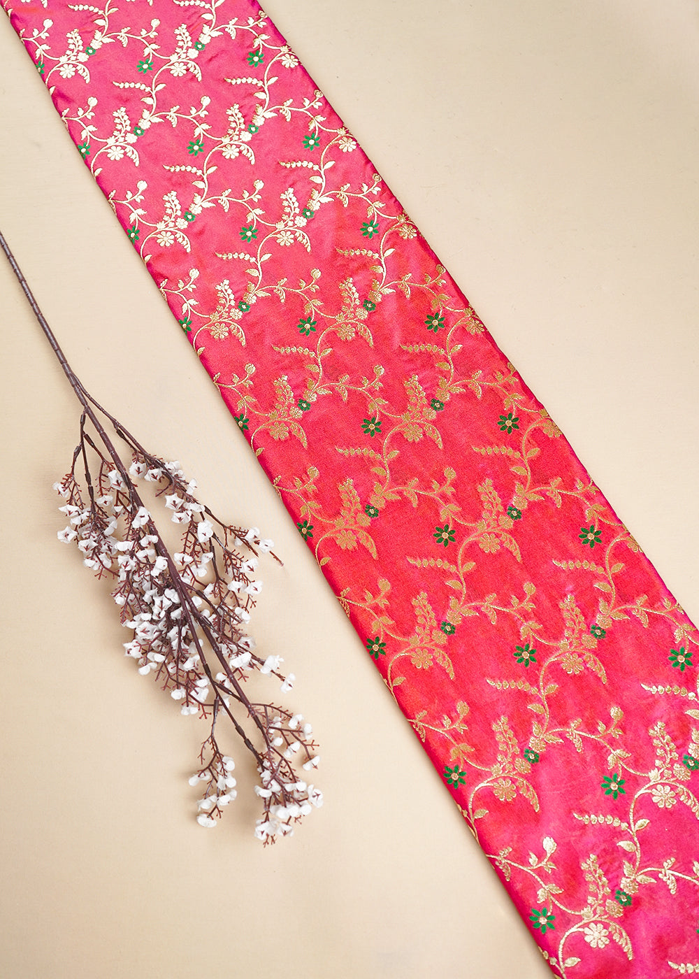 Pink Banarasi Brocade Fabric With All Over Thread And Golden Zari Handloom 23825