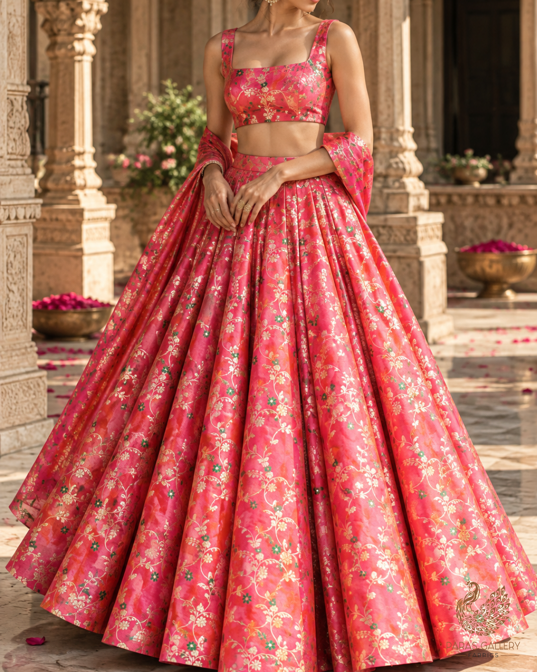 Pink Banarasi Brocade Fabric With All Over Thread And Golden Zari Handloom 23825