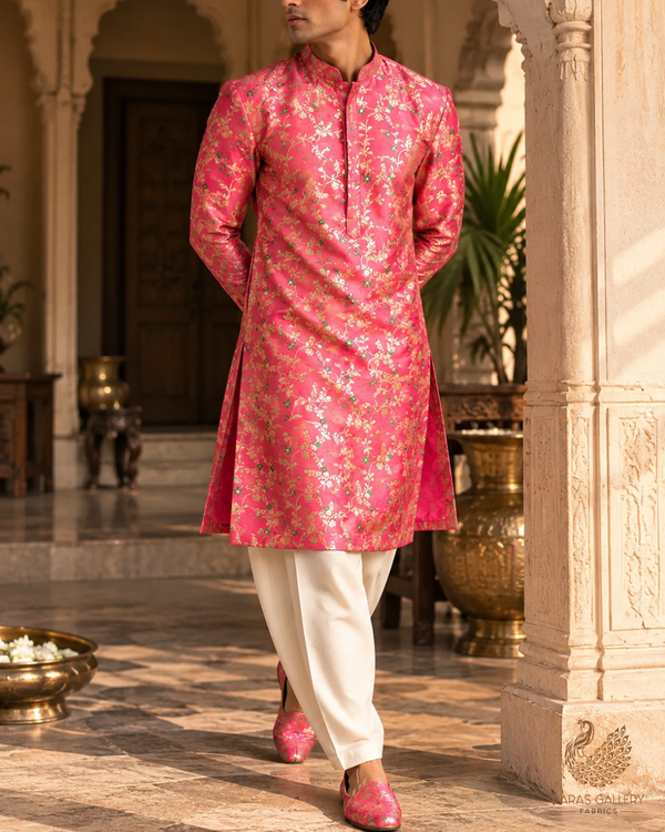 Pink Banarasi Brocade Fabric With All Over Thread And Golden Zari Handloom 23825