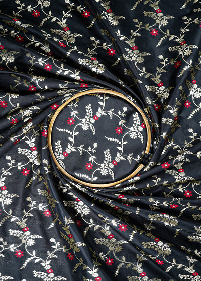 Black Banarasi Brocade Fabric With All Over Thread And Golden Zari Handloom 23826