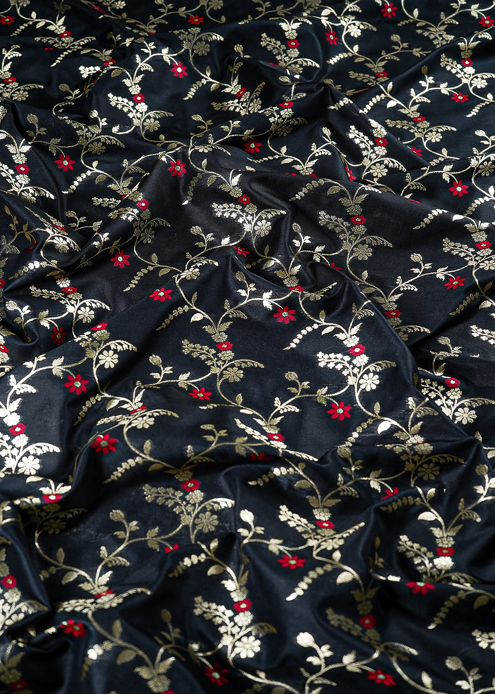 Black Banarasi Brocade Fabric With All Over Thread And Golden Zari Handloom 23826