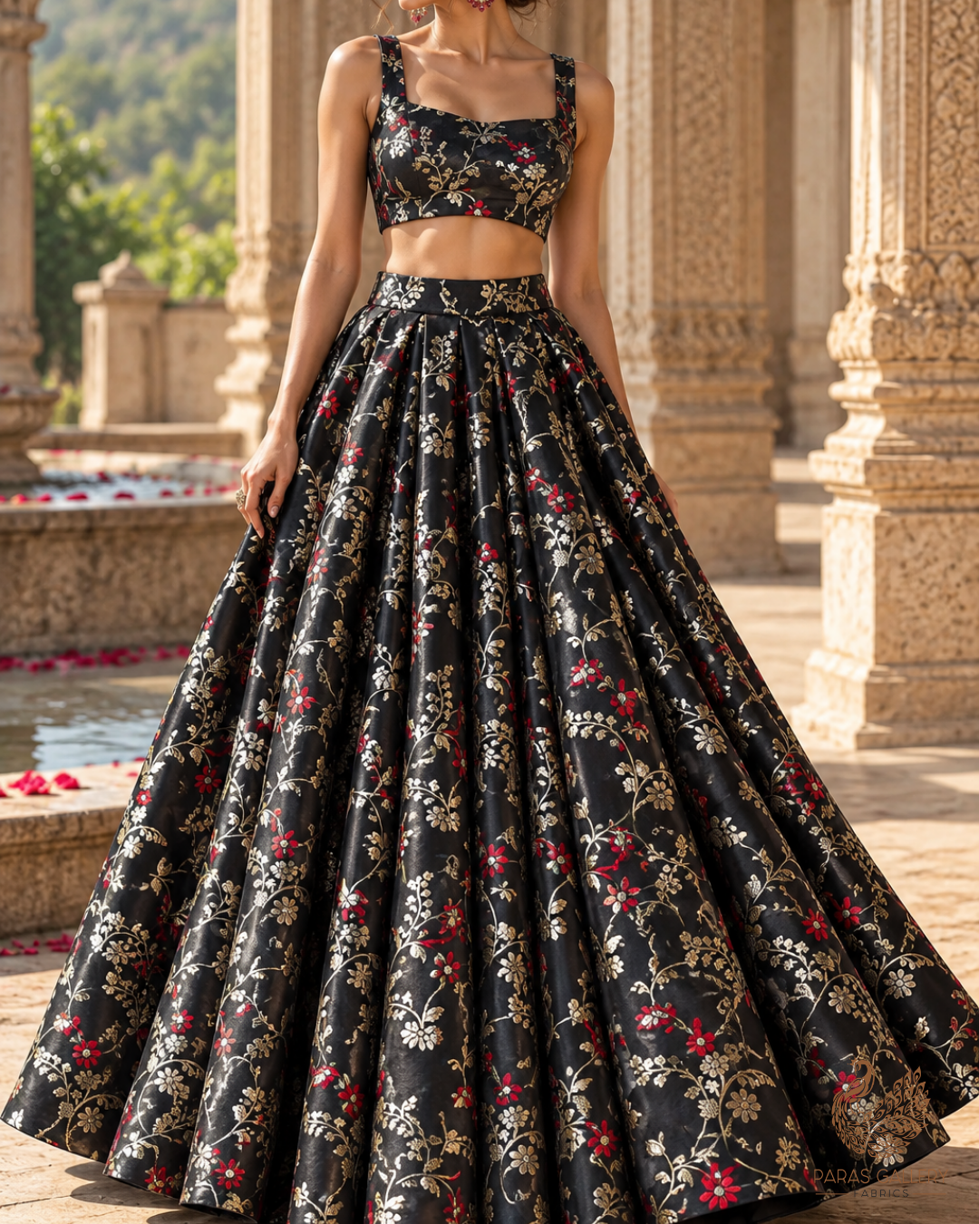 Black Banarasi Brocade Fabric With All Over Thread And Golden Zari Handloom 23826