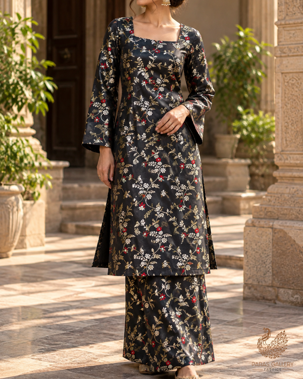 Black Banarasi Brocade Fabric With All Over Thread And Golden Zari Handloom 23826