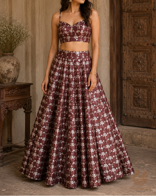 Chocolate Brown Banarasi Brocade Fabric With All Over Thread And Zari Handloom 23827