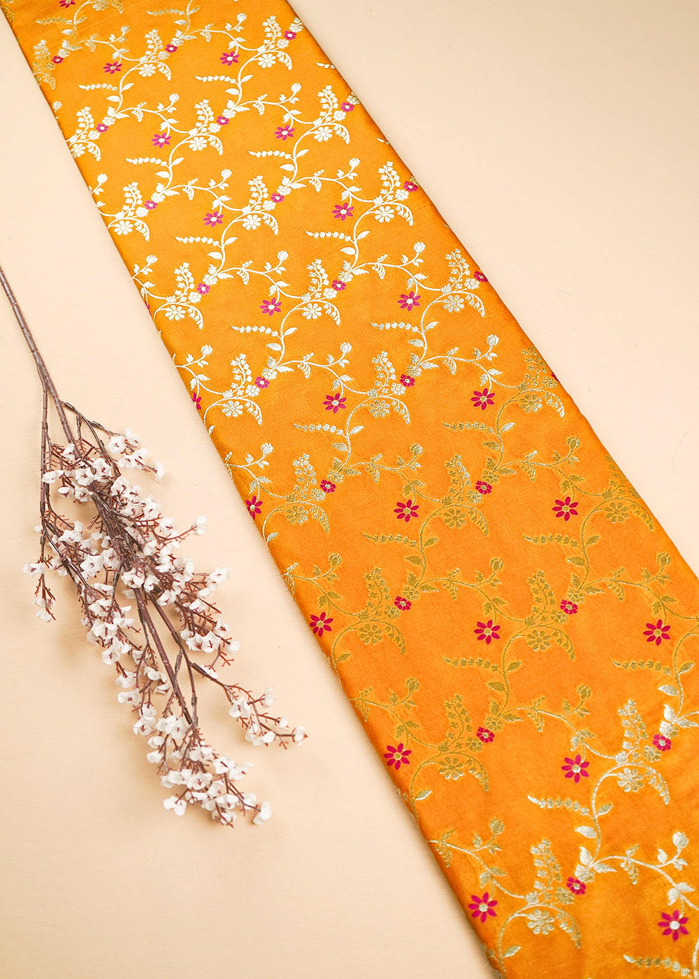 Yellow Banarasi Brocade Fabric With All Over Thread And Golden Zari Handloom 23828