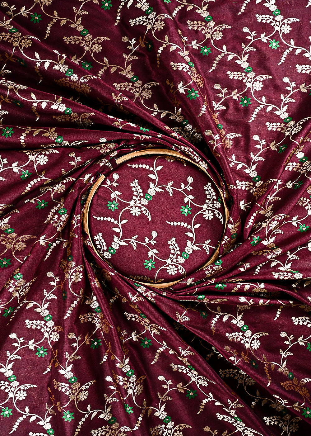 Wine Banarasi Brocade Fabric With All Over Thread And Golden Zari Handloom 23829