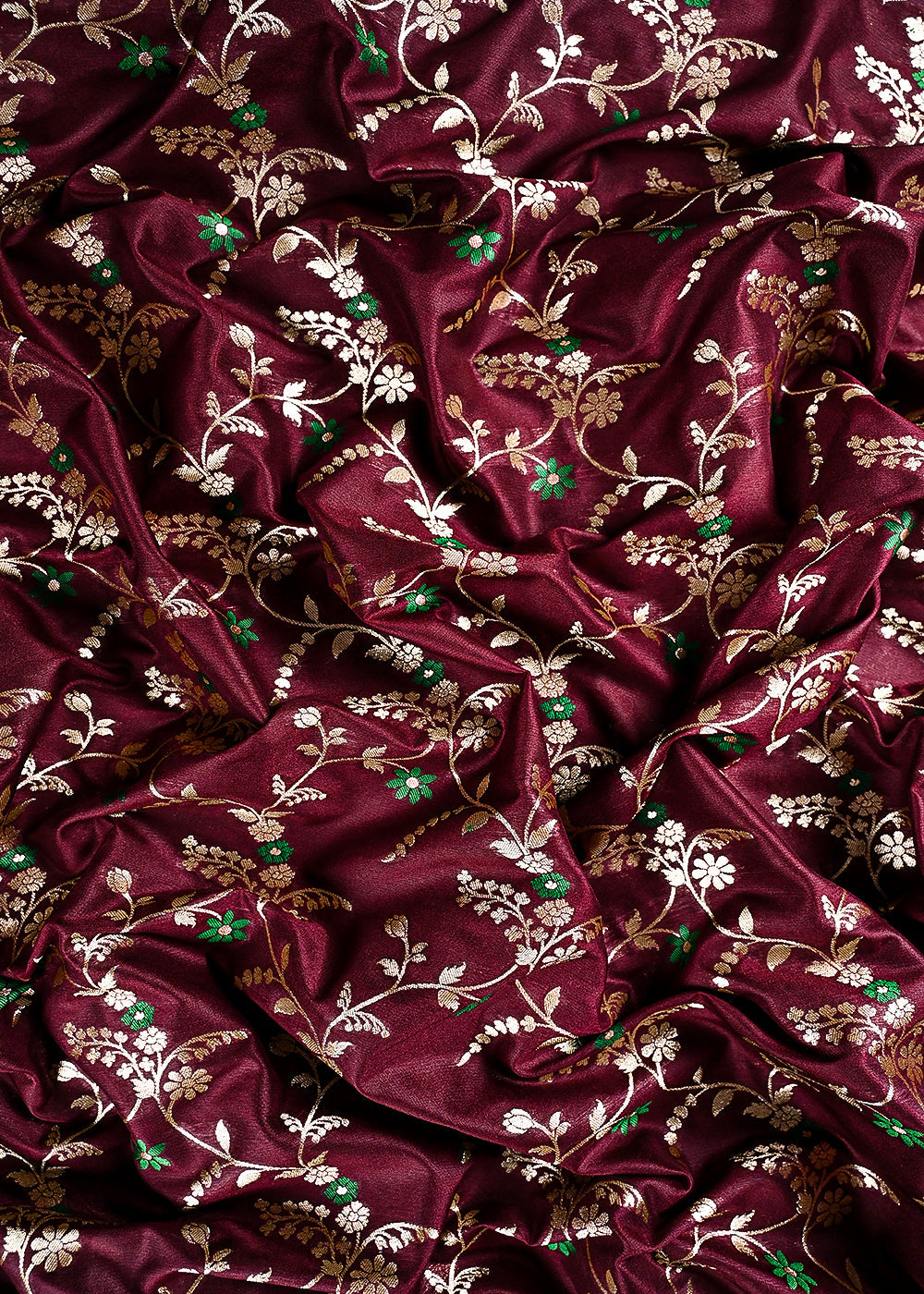 Wine Banarasi Brocade Fabric With All Over Thread And Golden Zari Handloom 23829