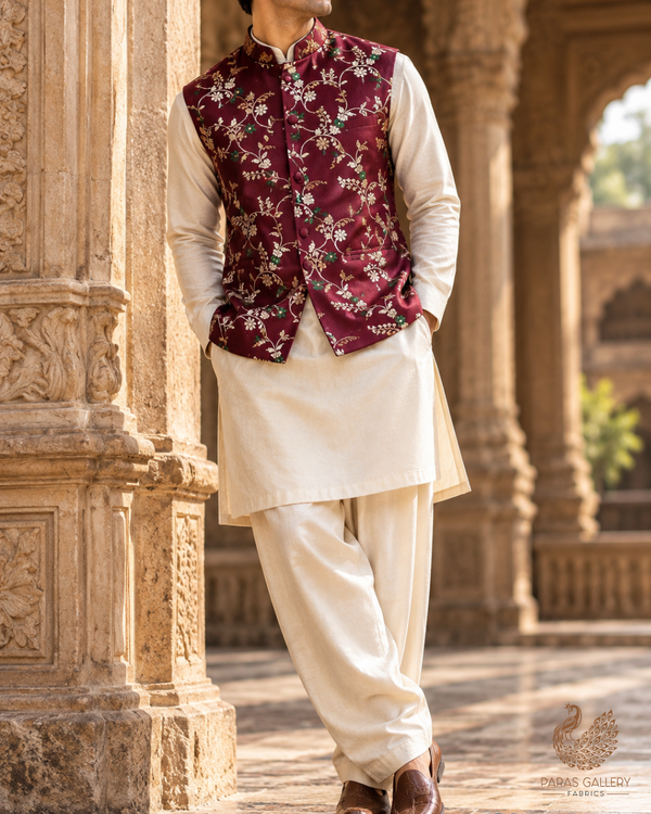 Wine Banarasi Brocade Fabric With All Over Thread And Golden Zari Handloom 23829