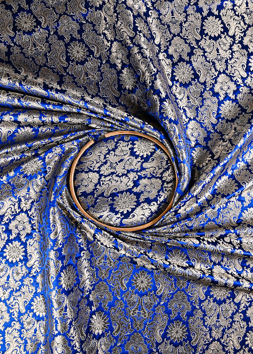 Blue Banarasi Brocade Fabric With All Over Thread And Golden Zari Handloom 23830