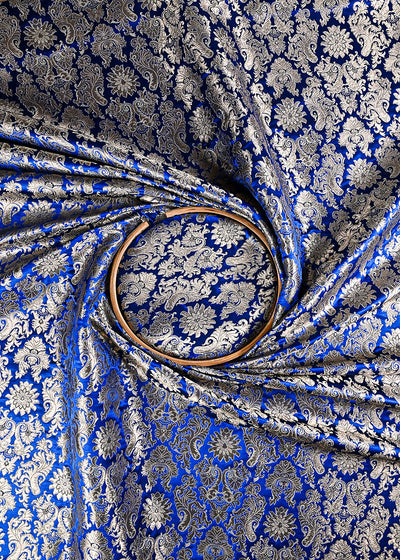 Blue Banarasi Brocade Fabric With All Over Thread And Golden Zari Handloom 23830